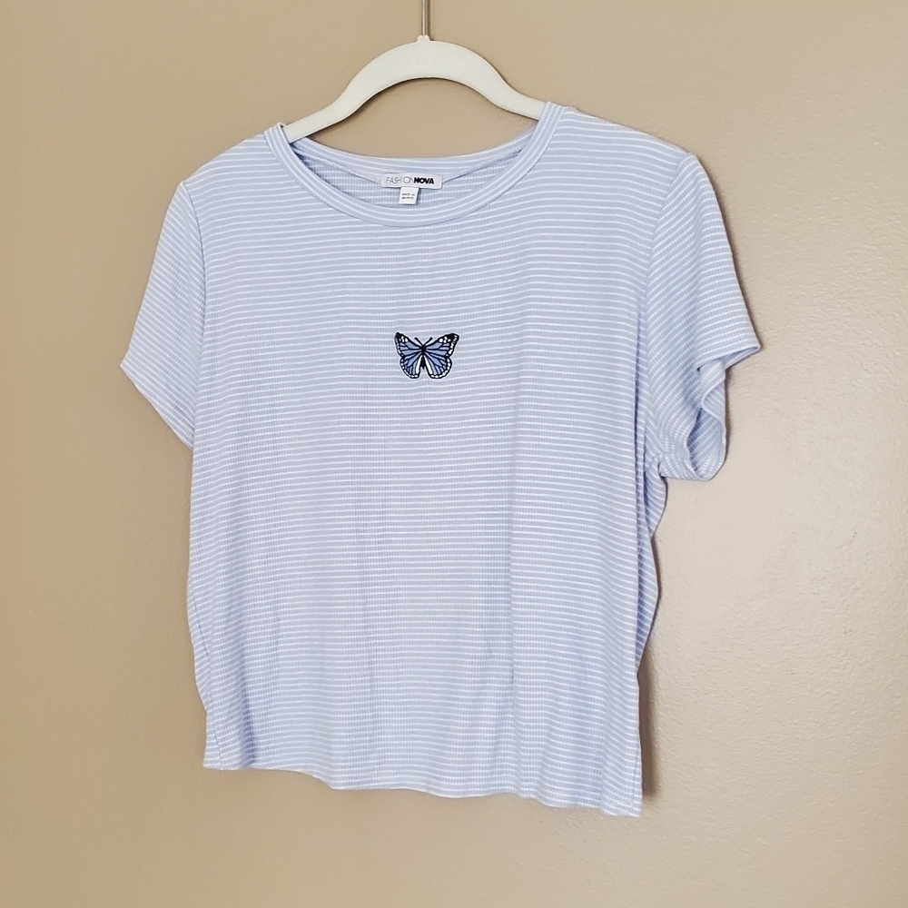 Fashion Nova cropped tee size 1X striped‎ butterfly babe baby tee embroidered